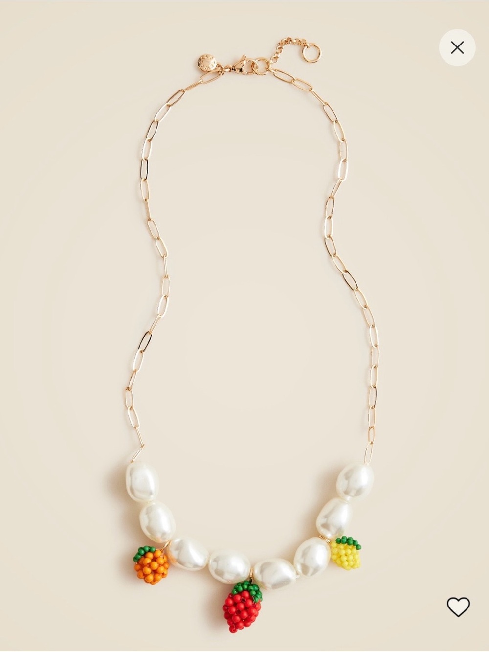 Jcrew Gold Pearl Necklace with Colorful Fruit Charms